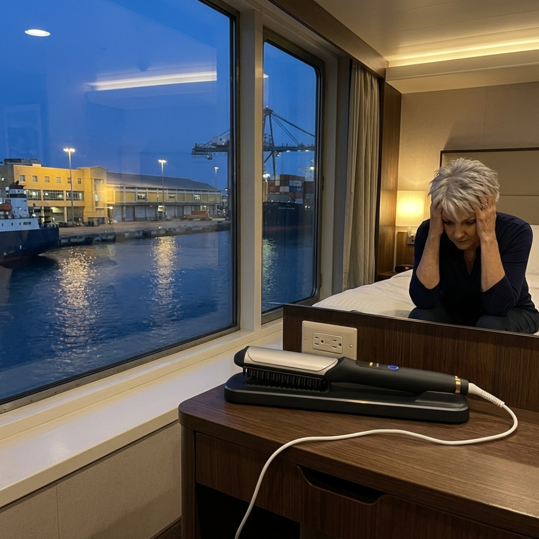 A woman sits on a bed holding her head, in a room with a large window overlooking a port.