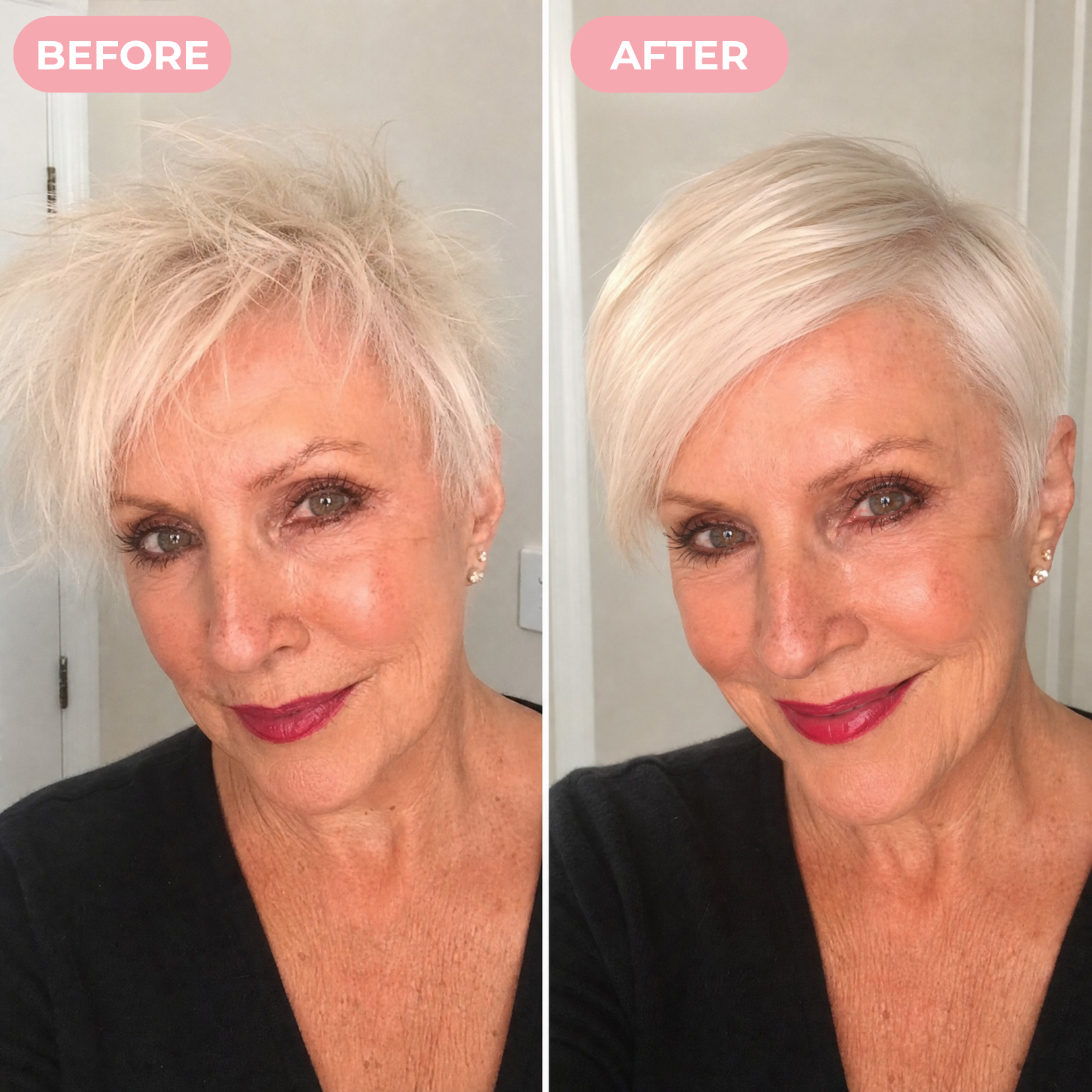 A before-and-after split photo of a woman, showing her hair transformation from frizzy to smooth and styled.