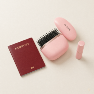 A red passport, a pink travel hairbrush, and a pink lipstick tube on a light-colored surface.