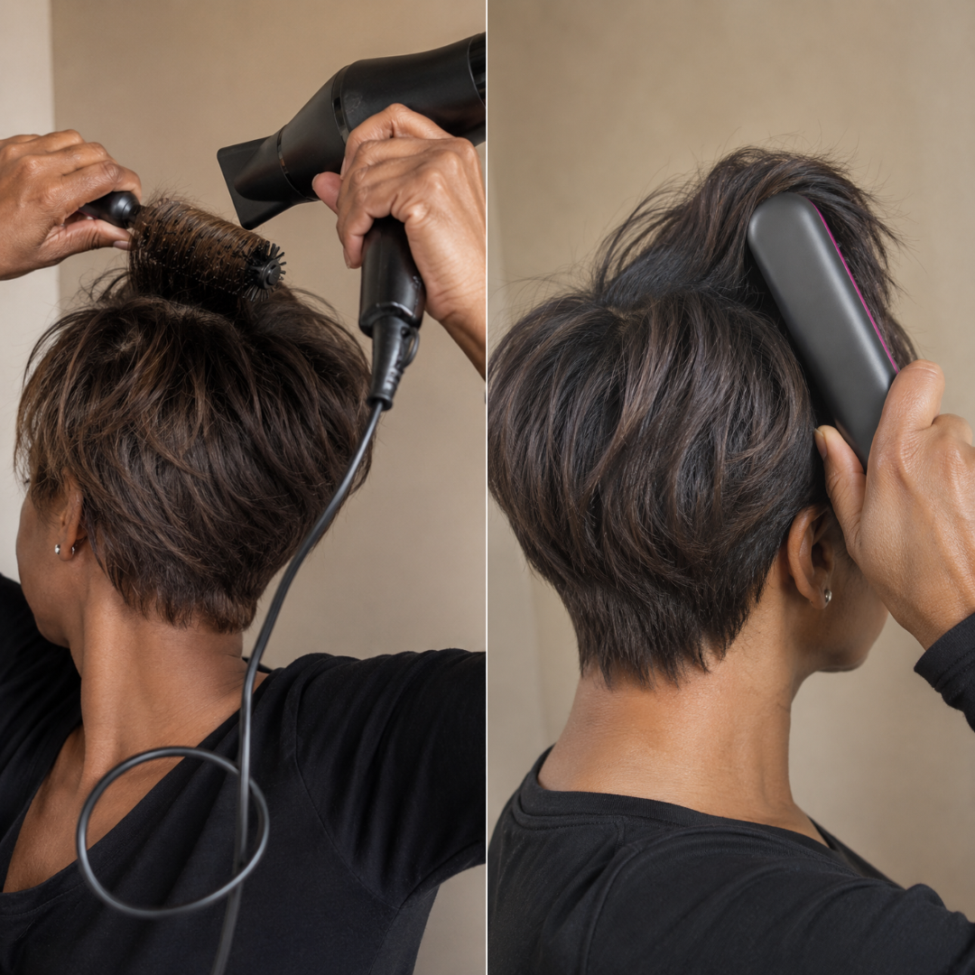 A split image showing a woman styling her short dark hair with a blow dryer and a heated brush.