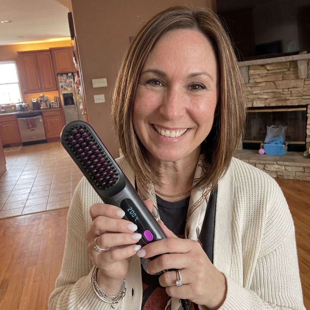 A smiling woman with shoulder-length brown hair holds a black heated straightening brush.