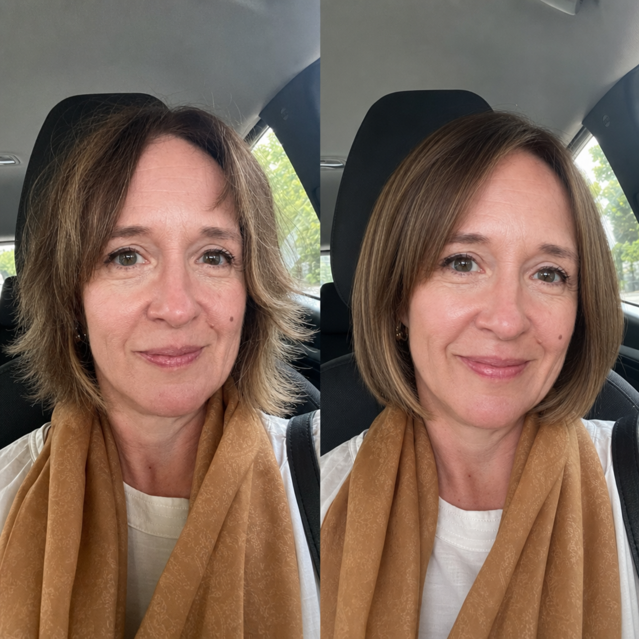 A side-by-side before and after image of a woman who has had her hair cut into a bob.