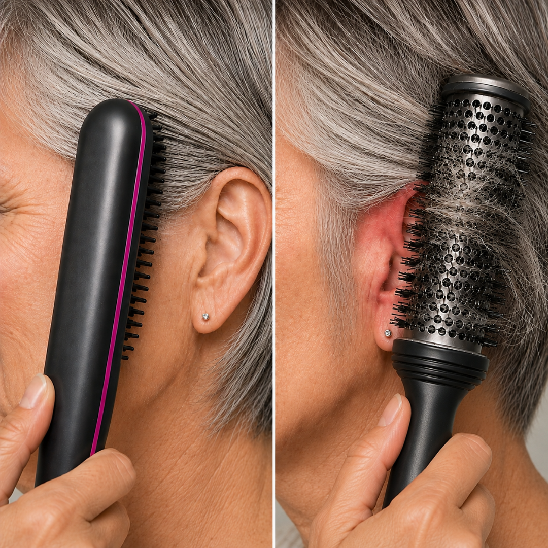 A split image shows a person using a straightening brush and a round brush on short grey hair.