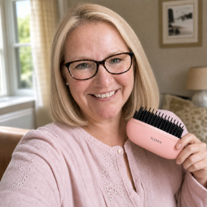 A smiling woman with blonde hair and glasses holds up a pink hairbrush.