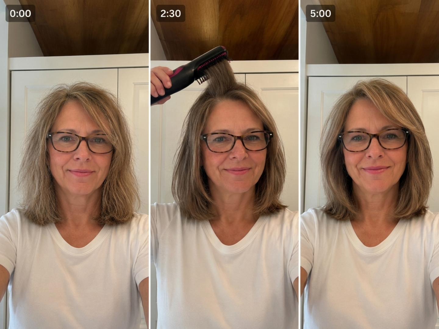 A three-panel image showing a woman's hair before, during, and after styling with a heated brush.