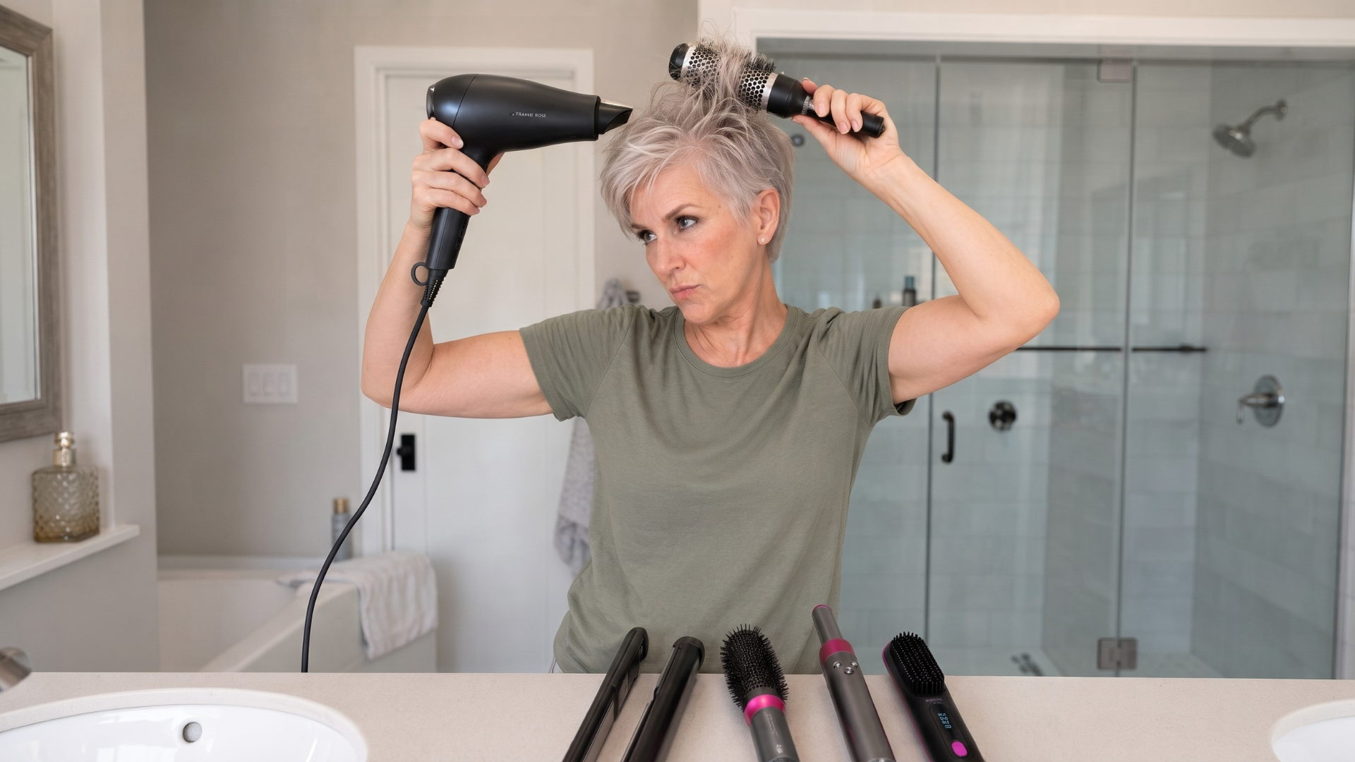 A woman with short gray hair styles it with a blow dryer and round brush in a bathroom.