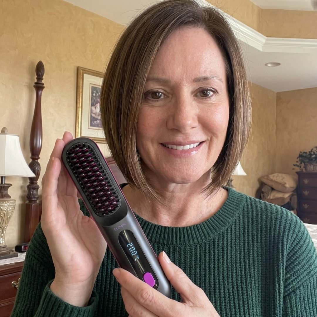 A smiling woman with short brown hair holds a black heated straightening brush.