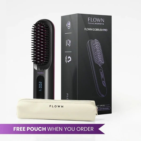 The Flown Gobrush Pro straightening brush shown with its packaging and a white carrying pouch.