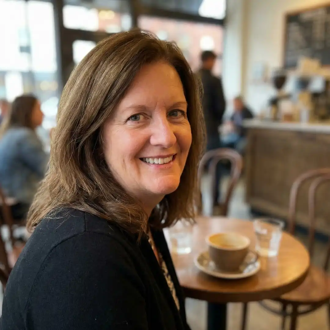 A smiling woman with brown hair sits at a table in a cafe with a coffee cup.