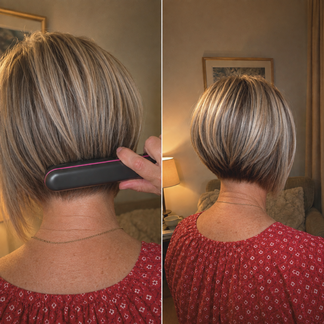 A before and after diptych of a woman with a blonde bob using a straightening brush on her hair.