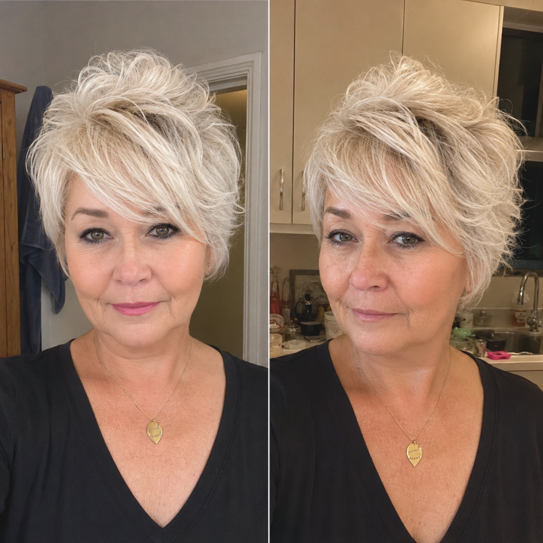 A split image showing two photos of a woman with a short, layered, platinum blonde pixie haircut.