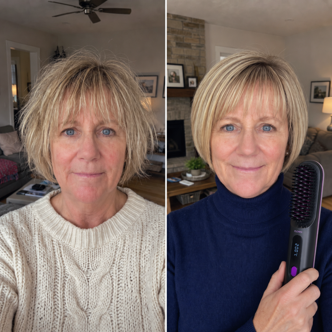 A before and after image of a woman with messy hair, then smooth hair holding a styling brush.