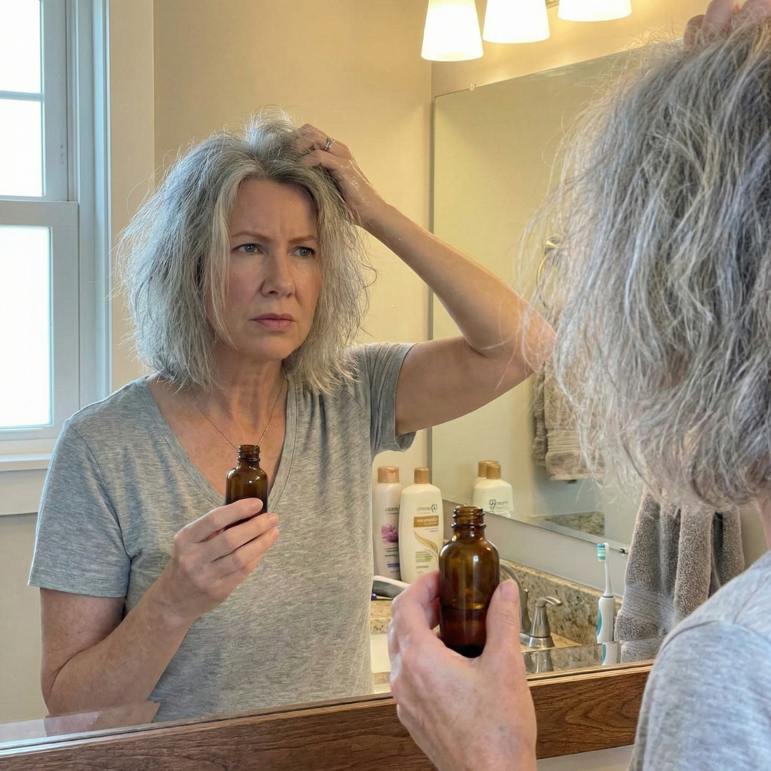 A woman with gray hair looks in a bathroom mirror, touching her hair and holding a small bottle.