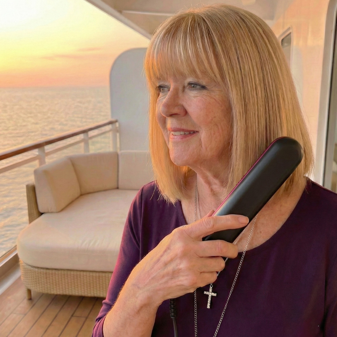 A woman with blonde hair holds a hair styling tool on a balcony overlooking the ocean at sunset.