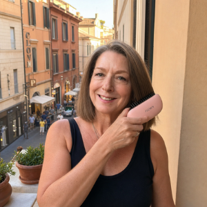 A smiling woman on a balcony overlooking a street brushes her hair with a pink hairbrush.