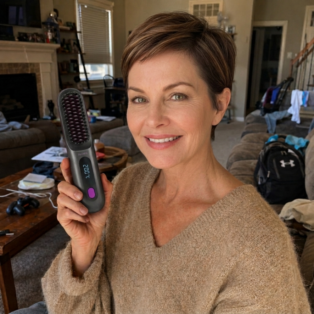A woman with short brown hair smiles while holding up a heated hairbrush in a living room.
