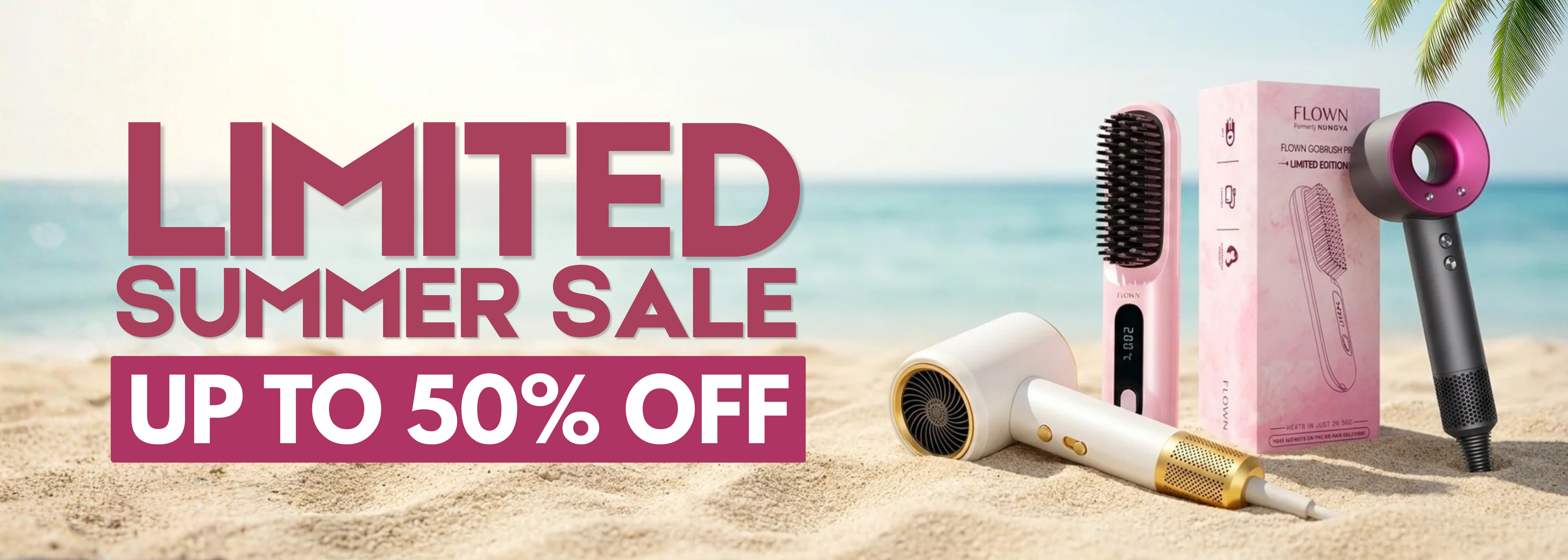 A promotional banner for a summer sale on hair styling tools, which are displayed on a sandy beach.