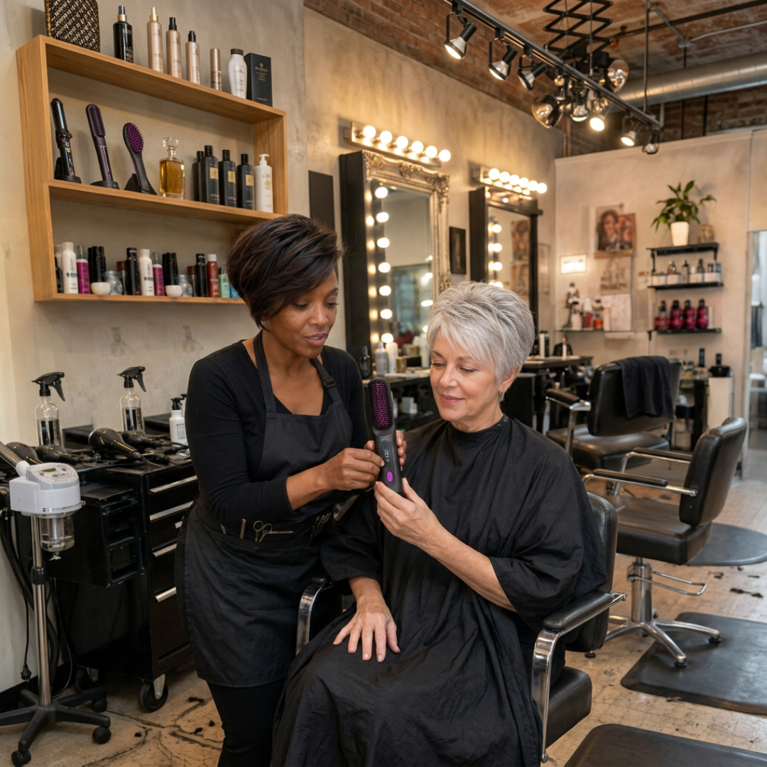 A hairstylist in a salon shows a heated styling brush to a client with short gray hair.