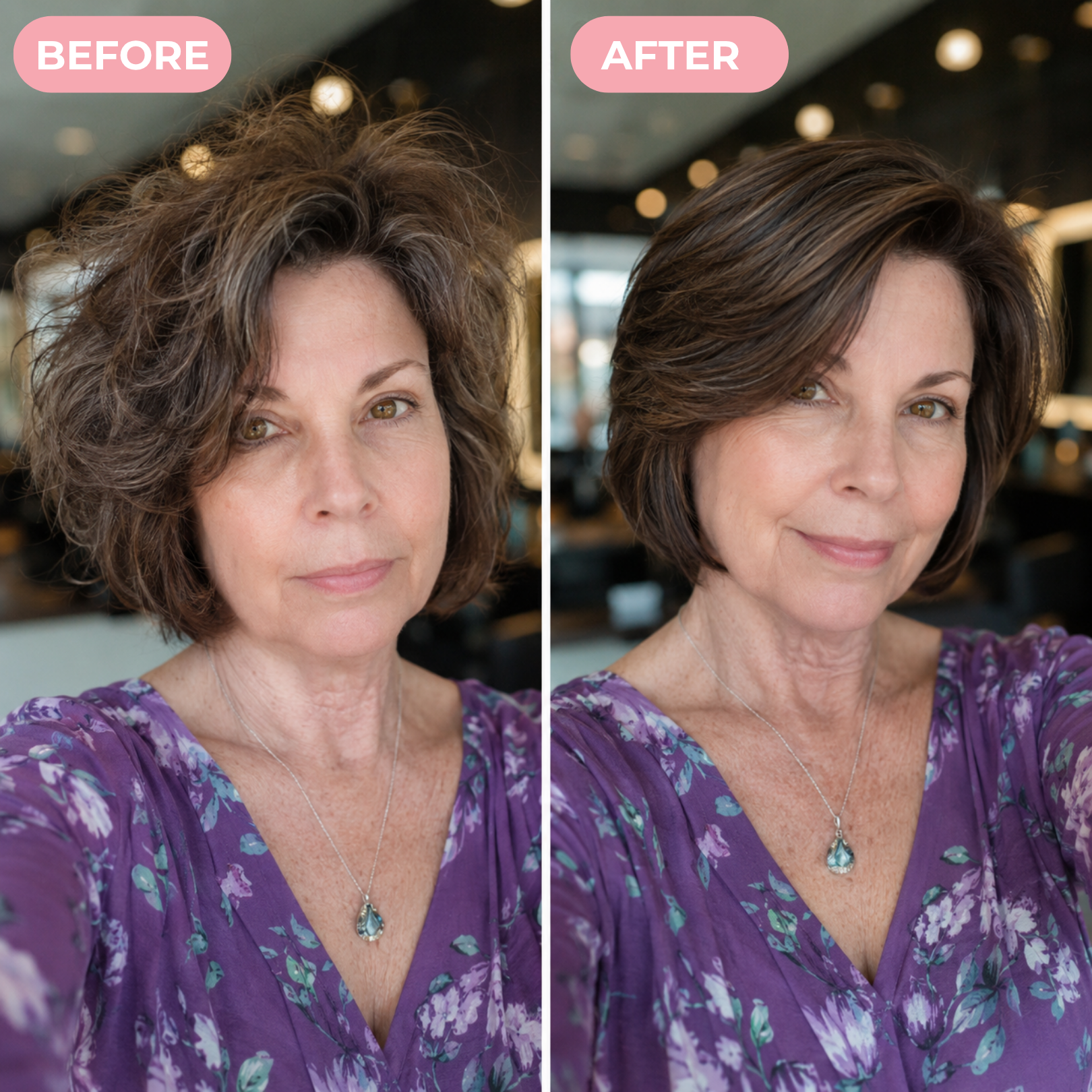 A split image showing a woman's hair transformation from frizzy and unstyled to smooth and straight.