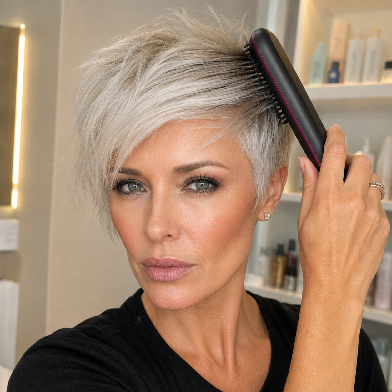 A woman with a short blonde pixie cut styles her hair with a black heated brush.