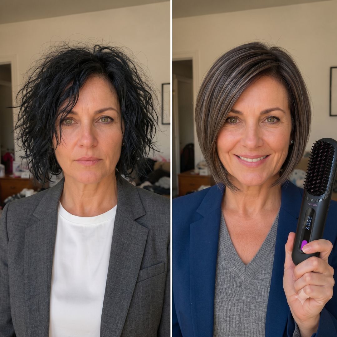 A before-and-after photo showing a woman's hair transformed from messy and dark to a smooth, highlighted bob.