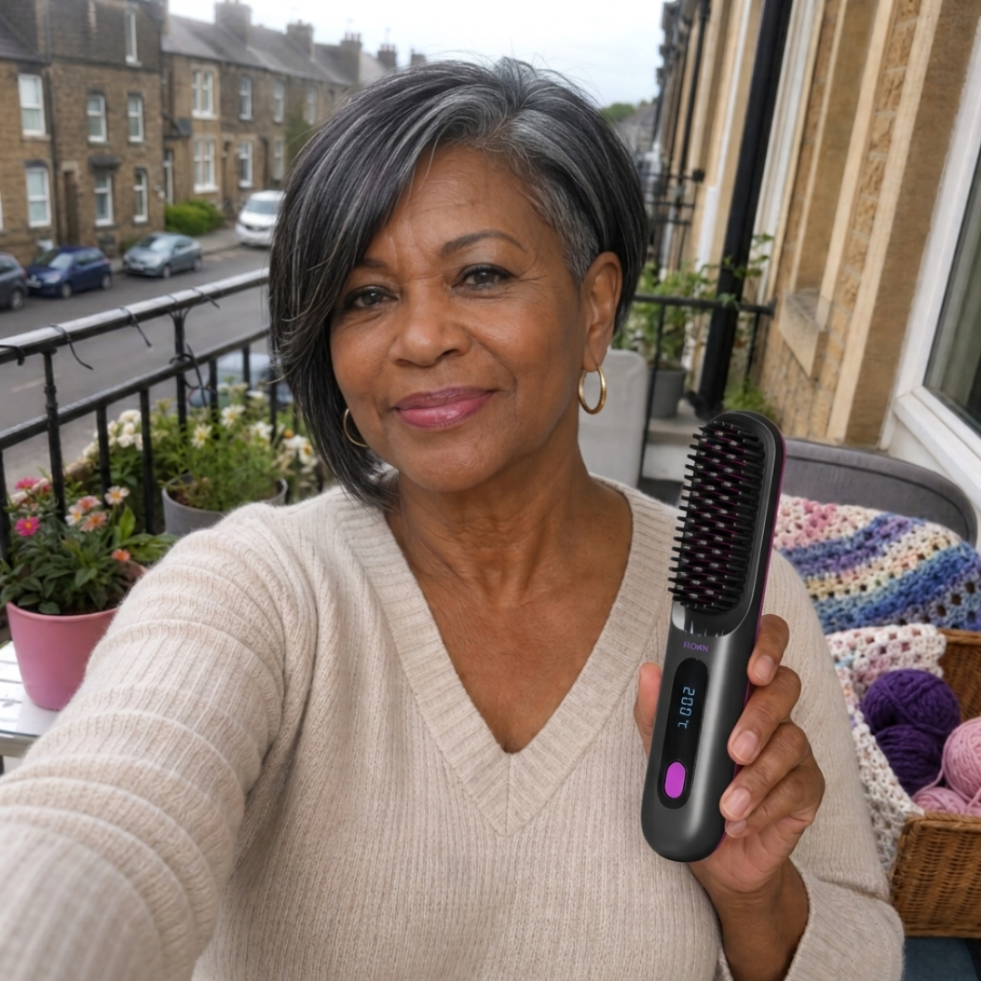 A woman with gray hair smiles while holding a black heated hairbrush on a balcony.