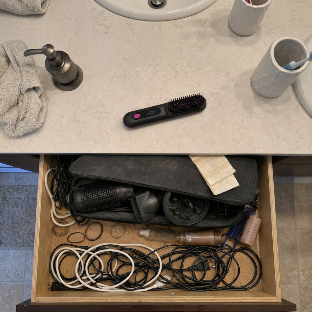 A heated hairbrush sits on a bathroom counter above an open, messy drawer full of styling tools.