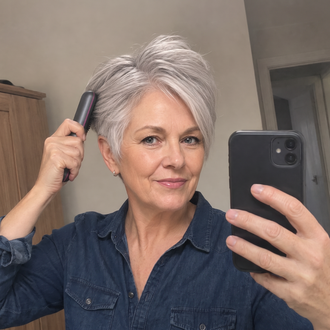 A woman with short gray hair takes a selfie while brushing her hair.