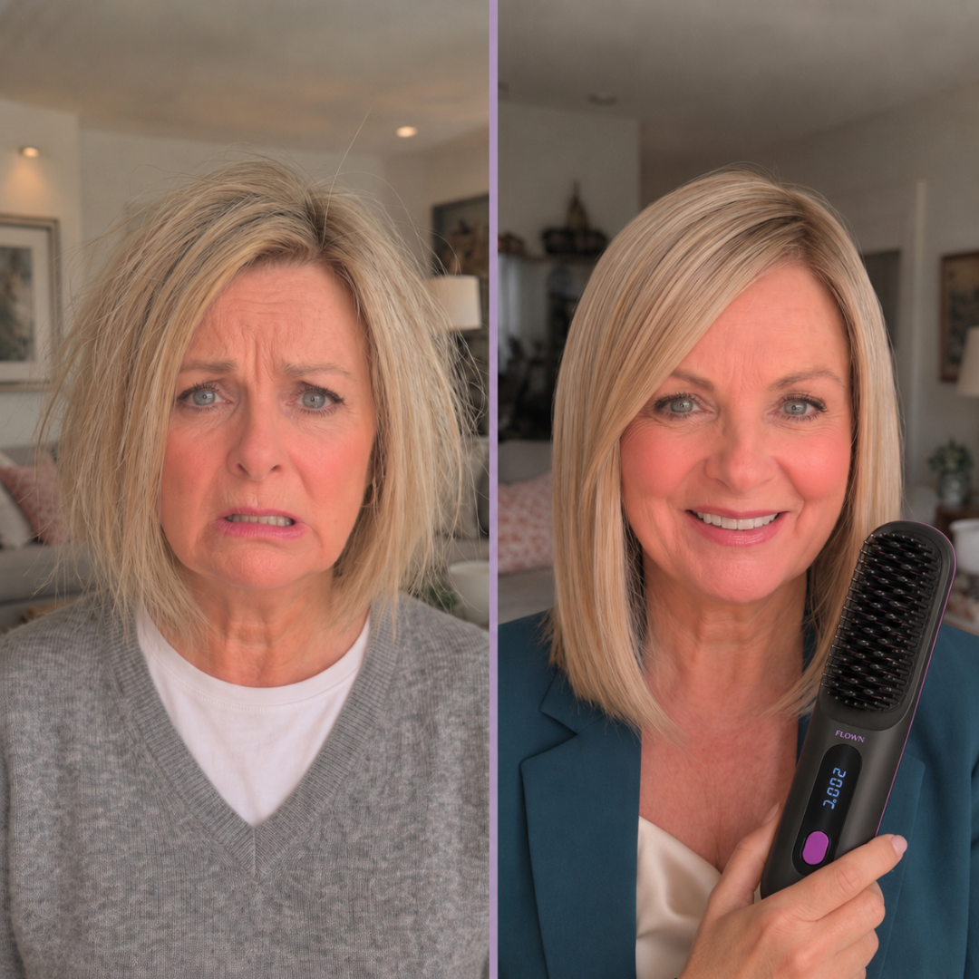 A before and after split image of a woman with frizzy hair, then smooth hair while holding a straightening brush.
