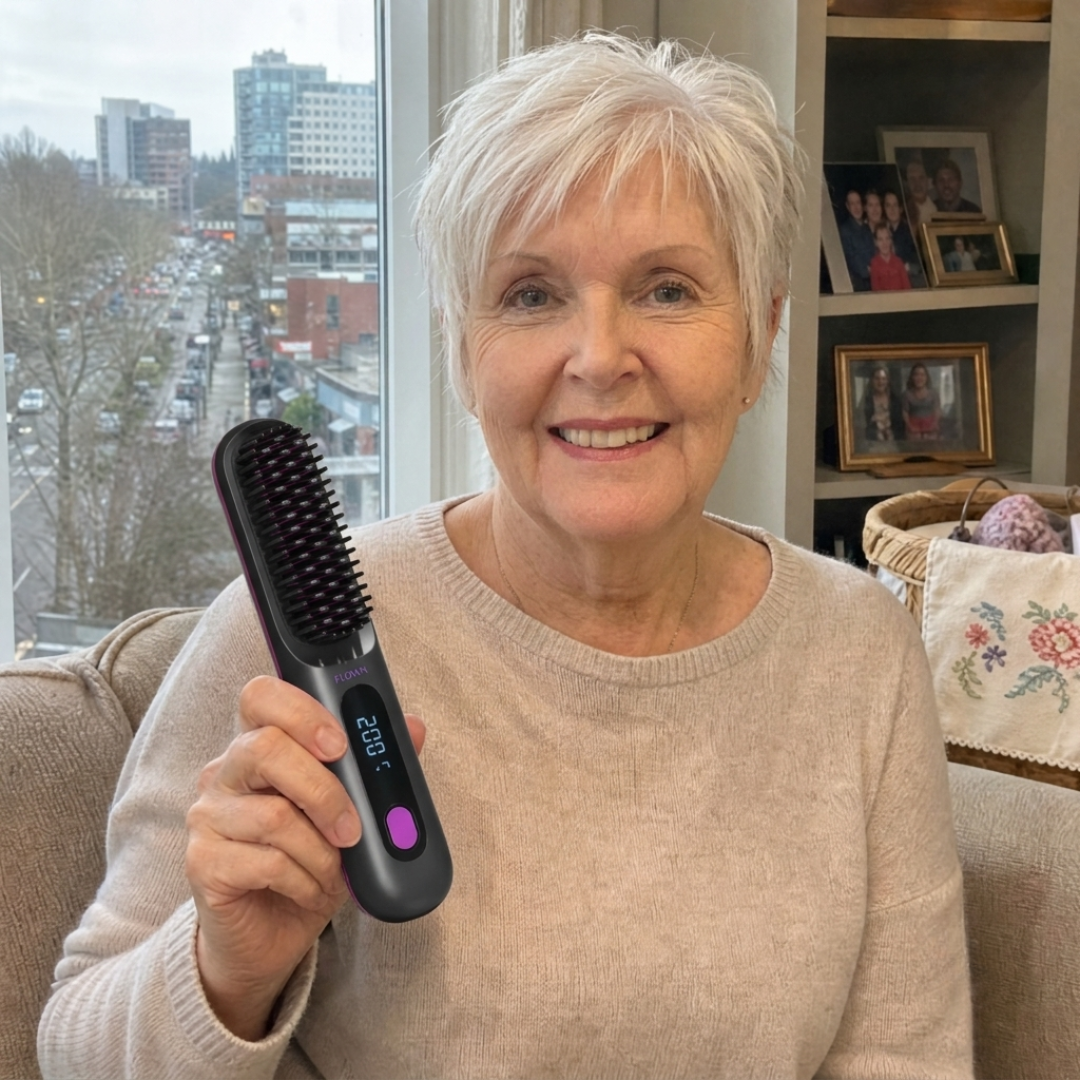 A smiling woman with short white hair holds up a black electric hair straightening brush indoors.