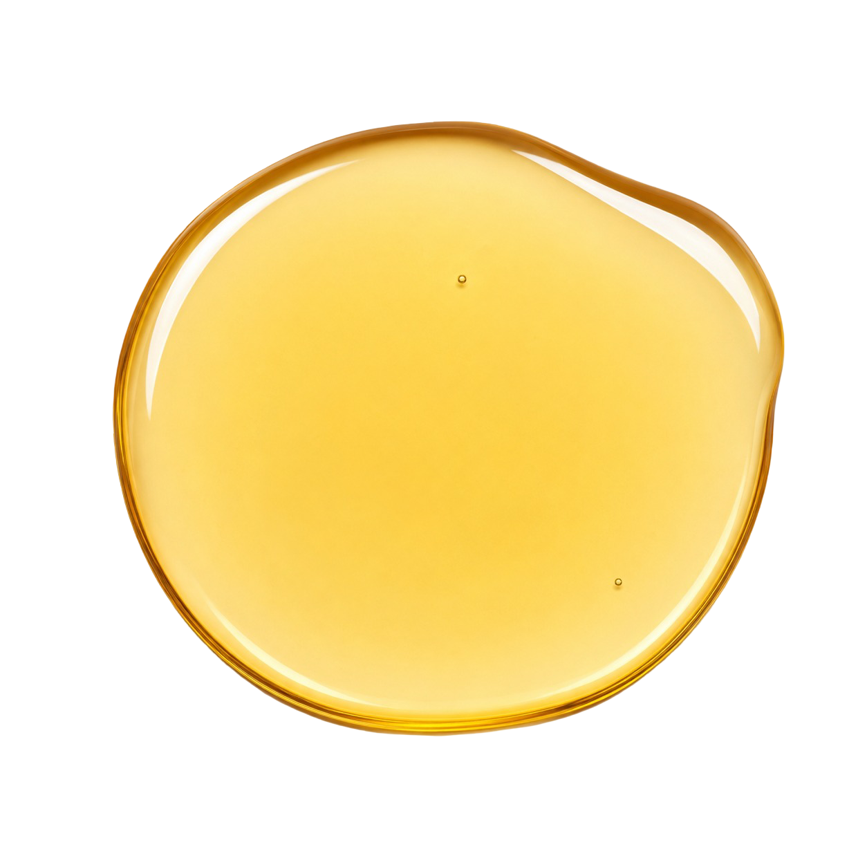A single, round drop of golden-yellow, viscous liquid on a white background.