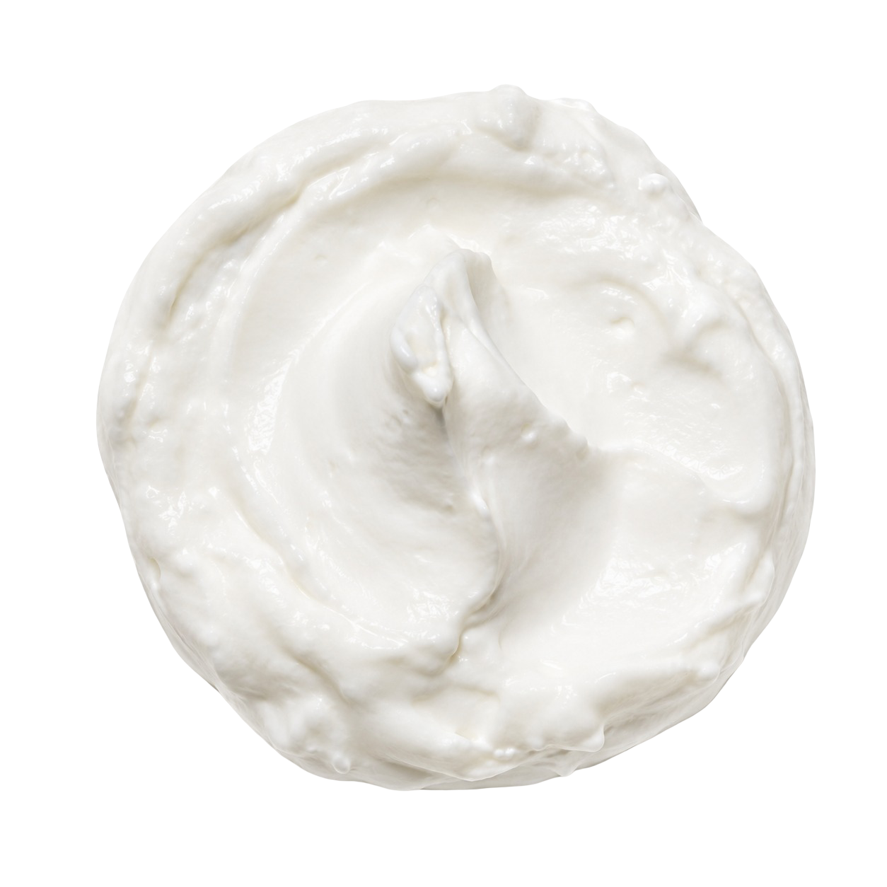 A top-down view of a swirl of thick white cream on a white background.