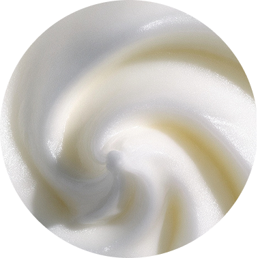 A close-up, circular view of a thick, white cream swirled into a soft peak.