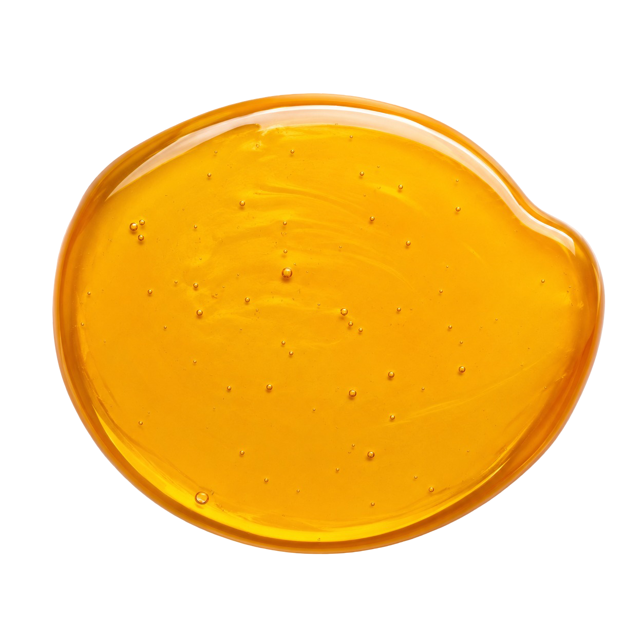 A close-up, top-down shot of a dollop of viscous, golden liquid with bubbles on a white background.