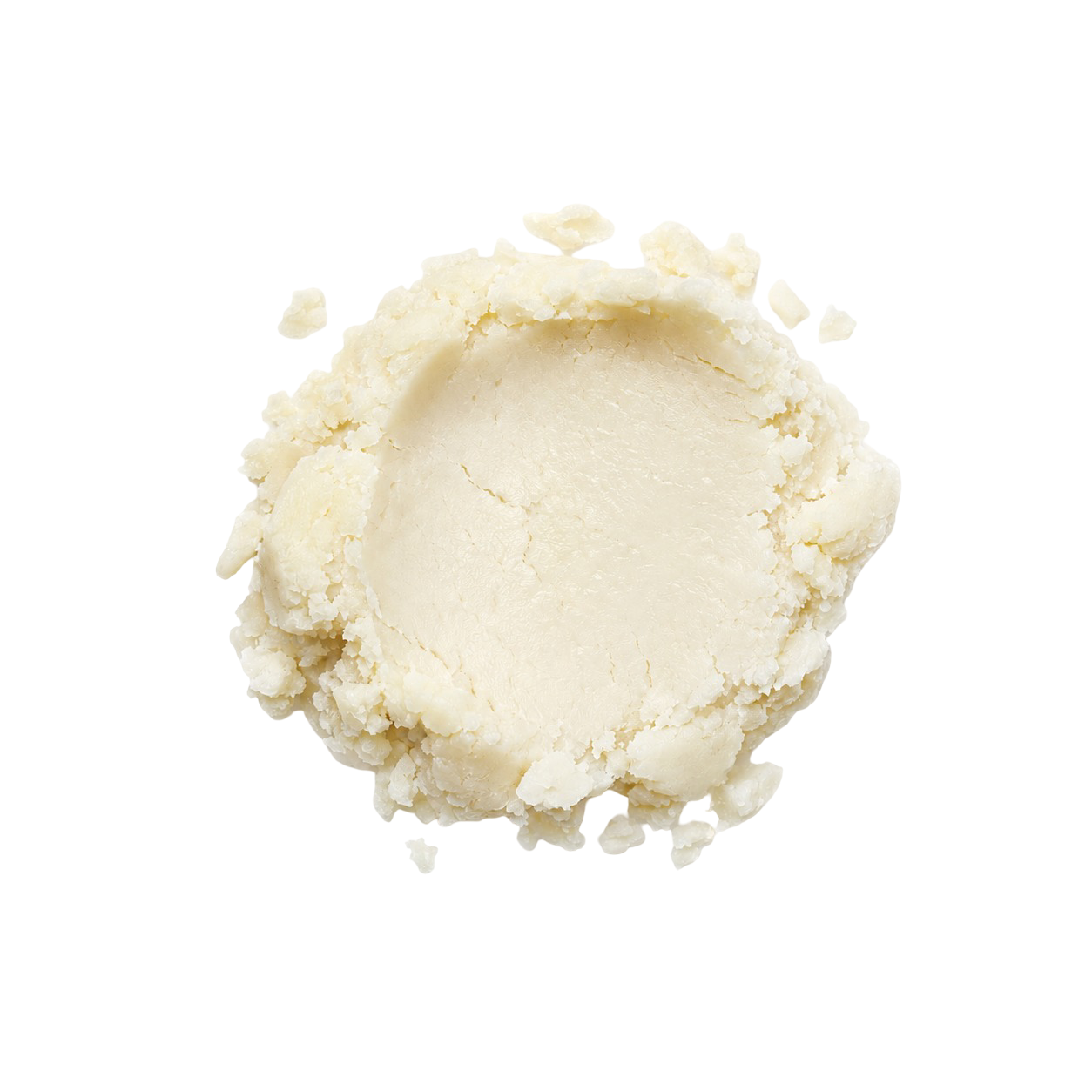 A dollop of a creamy, pale yellow substance against a white background.