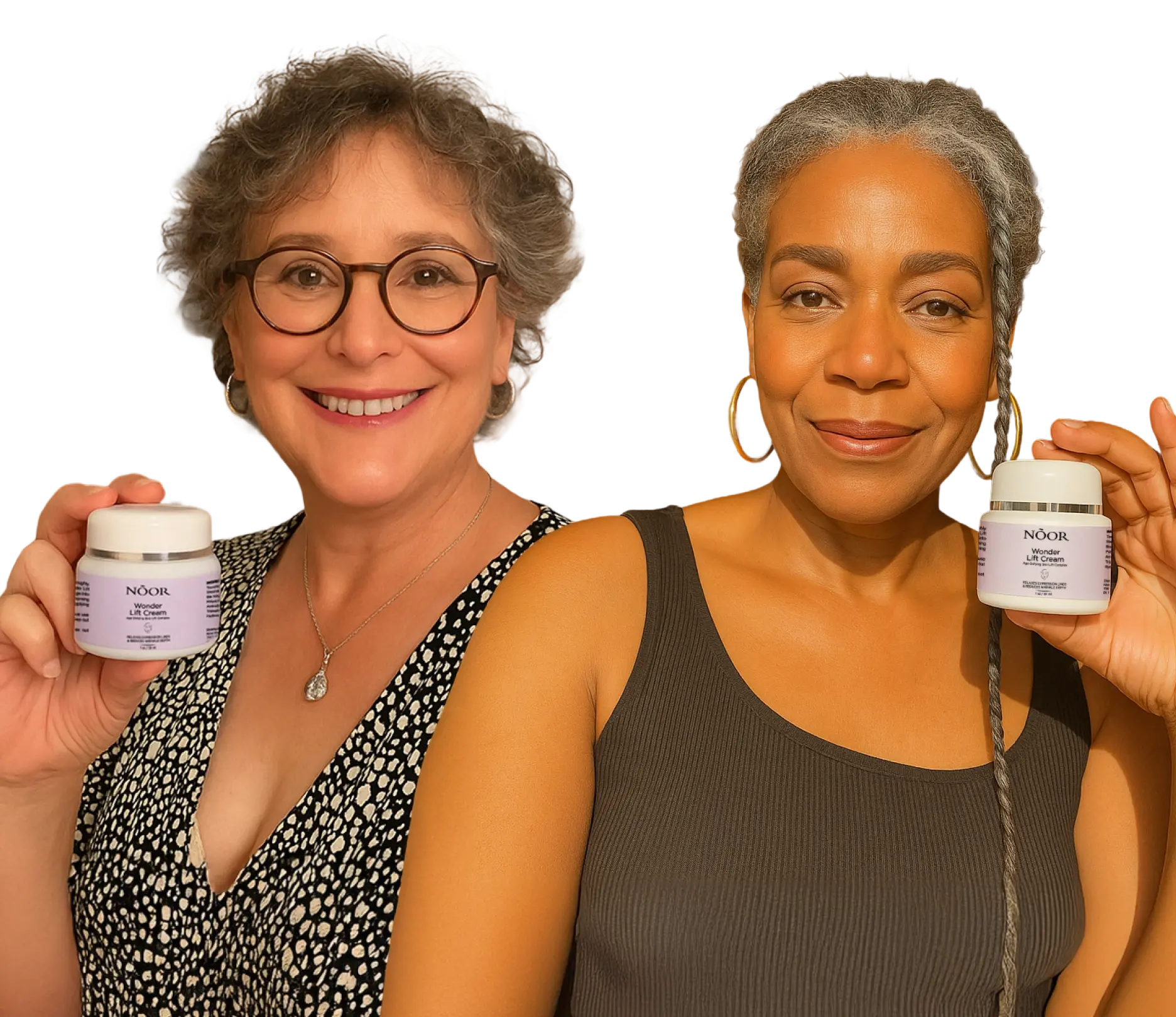 Two women smiling, holding jars of Noor skincare cream.