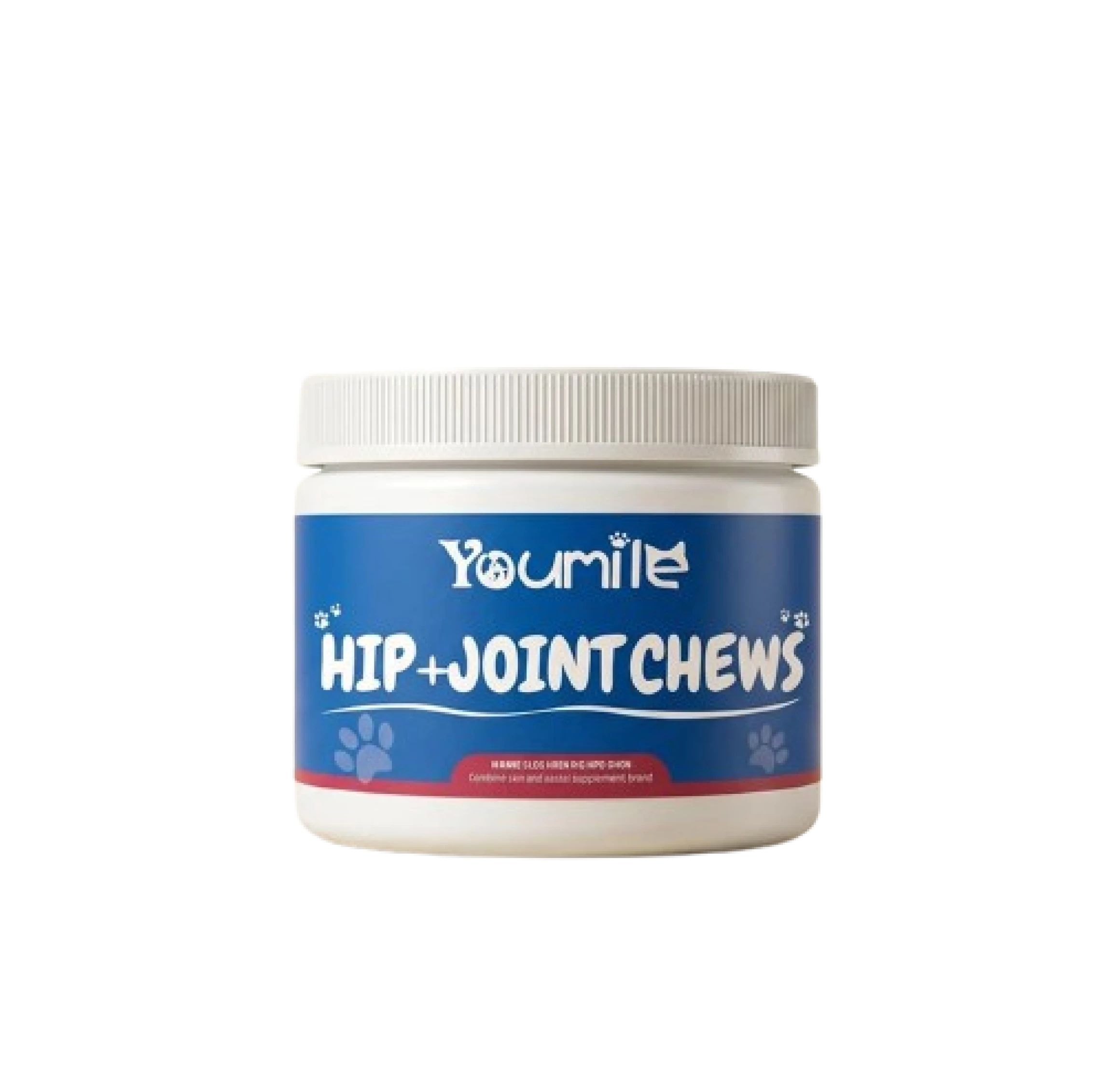 A white tub of Youmile Hip + Joint Chews for dogs, shown against a white background.