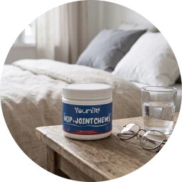 A jar of YUMILIFE Hip+Joint Chews on a wooden nightstand next to glasses and a glass of water.