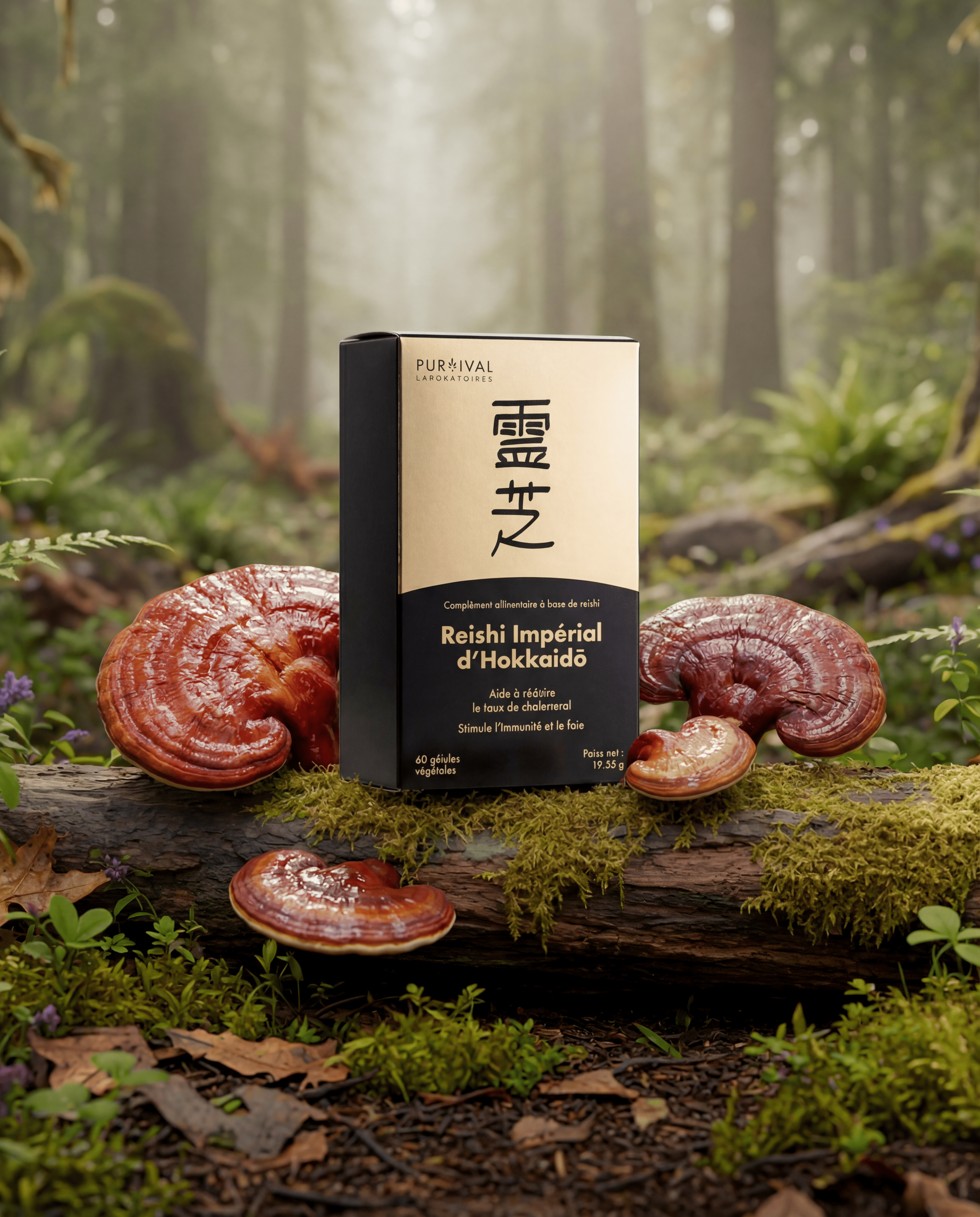 A box of Reishi Impérial supplements on a mossy log, surrounded by several large, shiny reishi mushrooms.