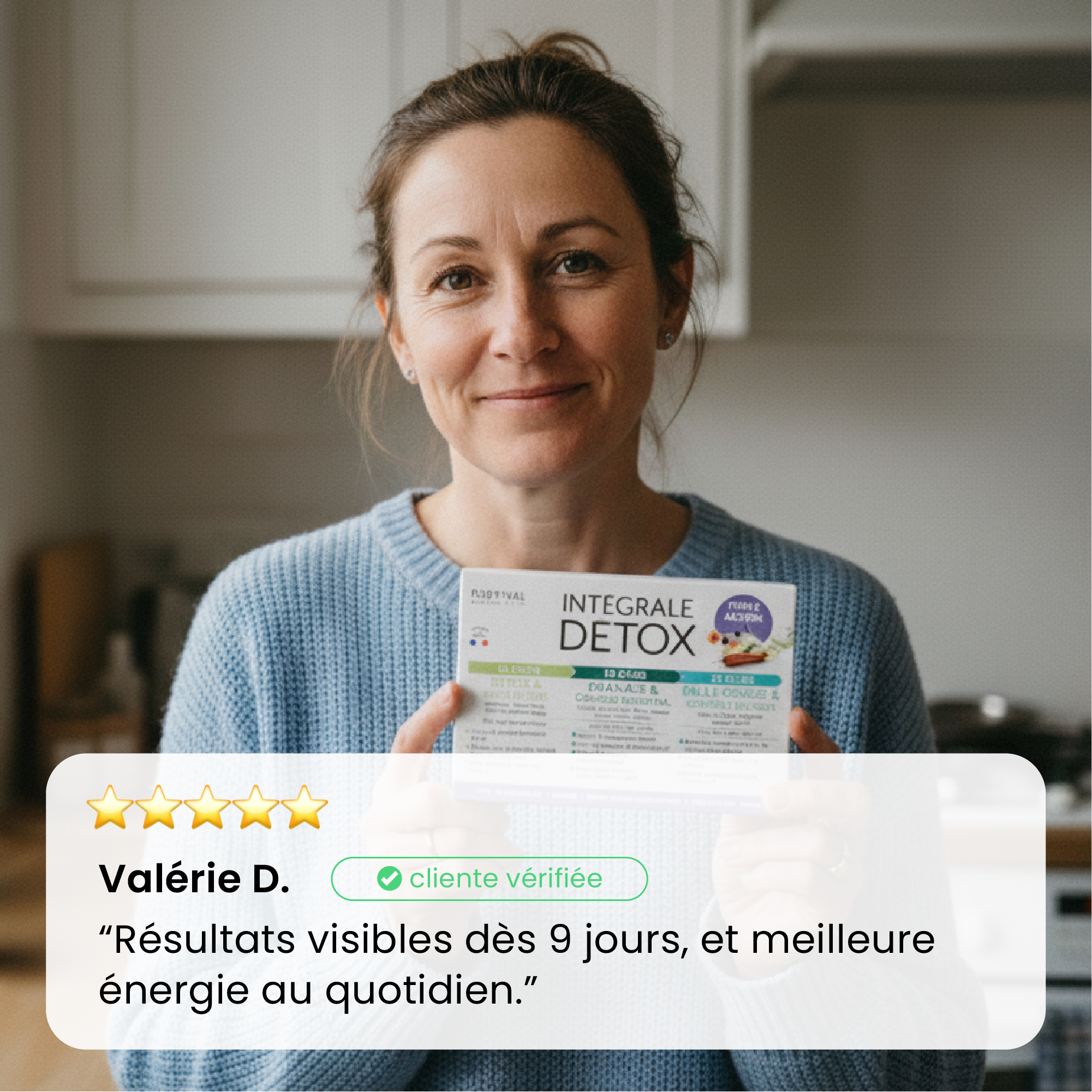 Person holding a detox product in a kitchen setting.