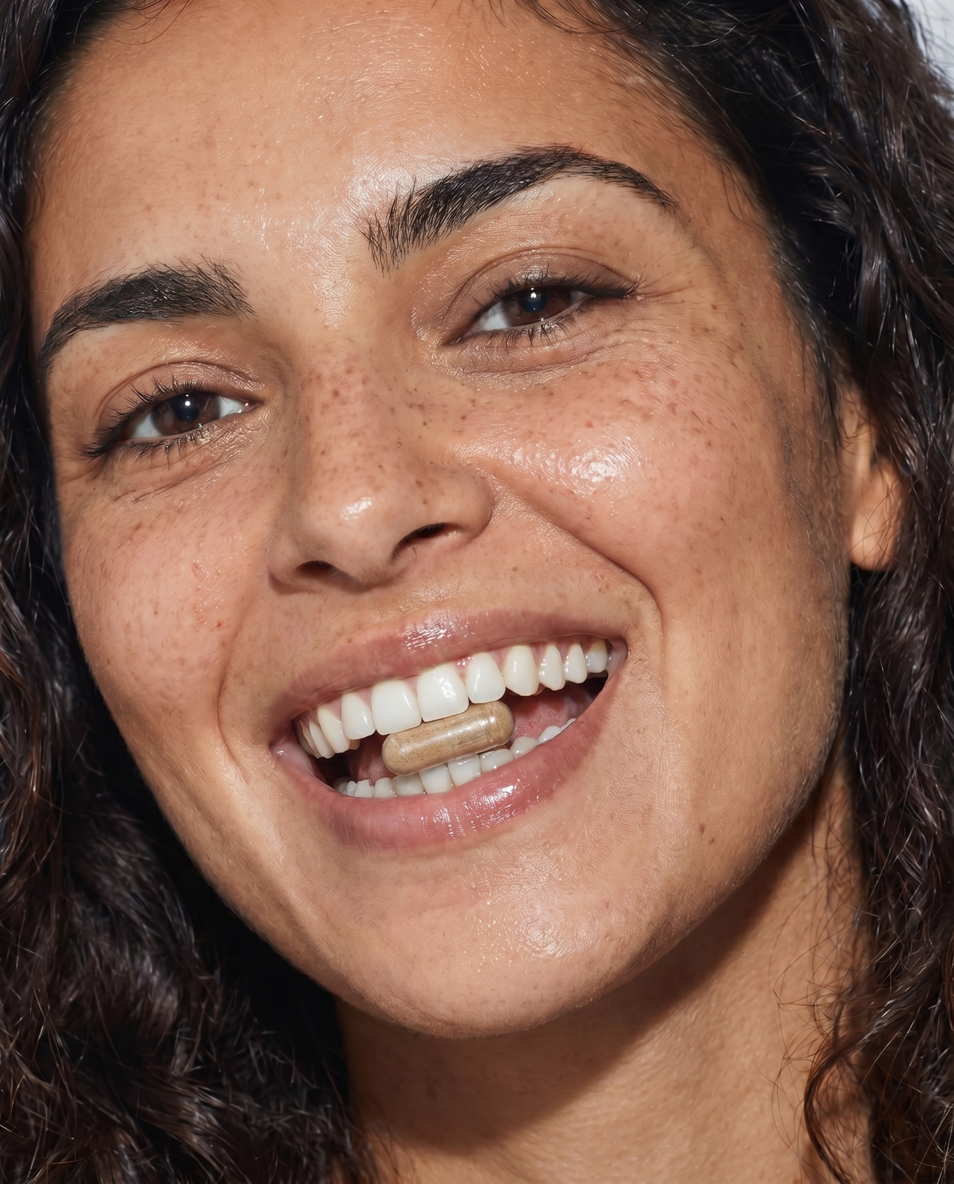 A close-up of a smiling woman with freckles holding a supplement capsule between her teeth.