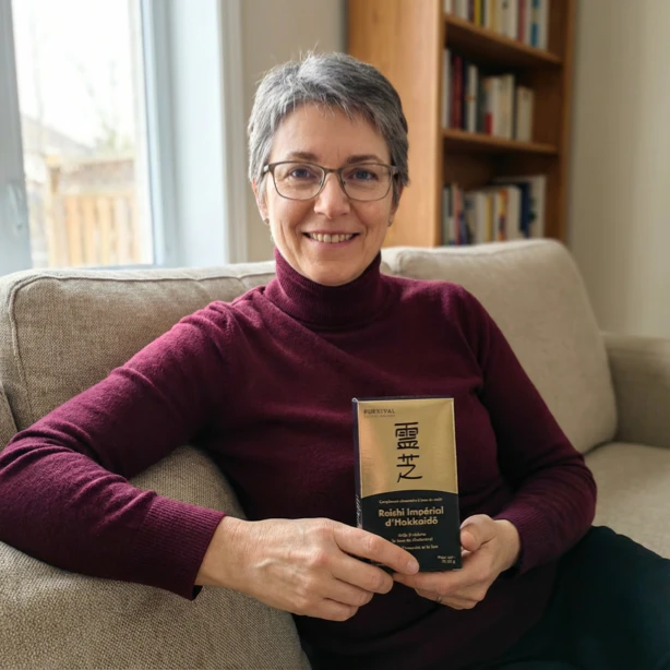 Person sitting on a couch holding a boxed product, bookshelf in the background.