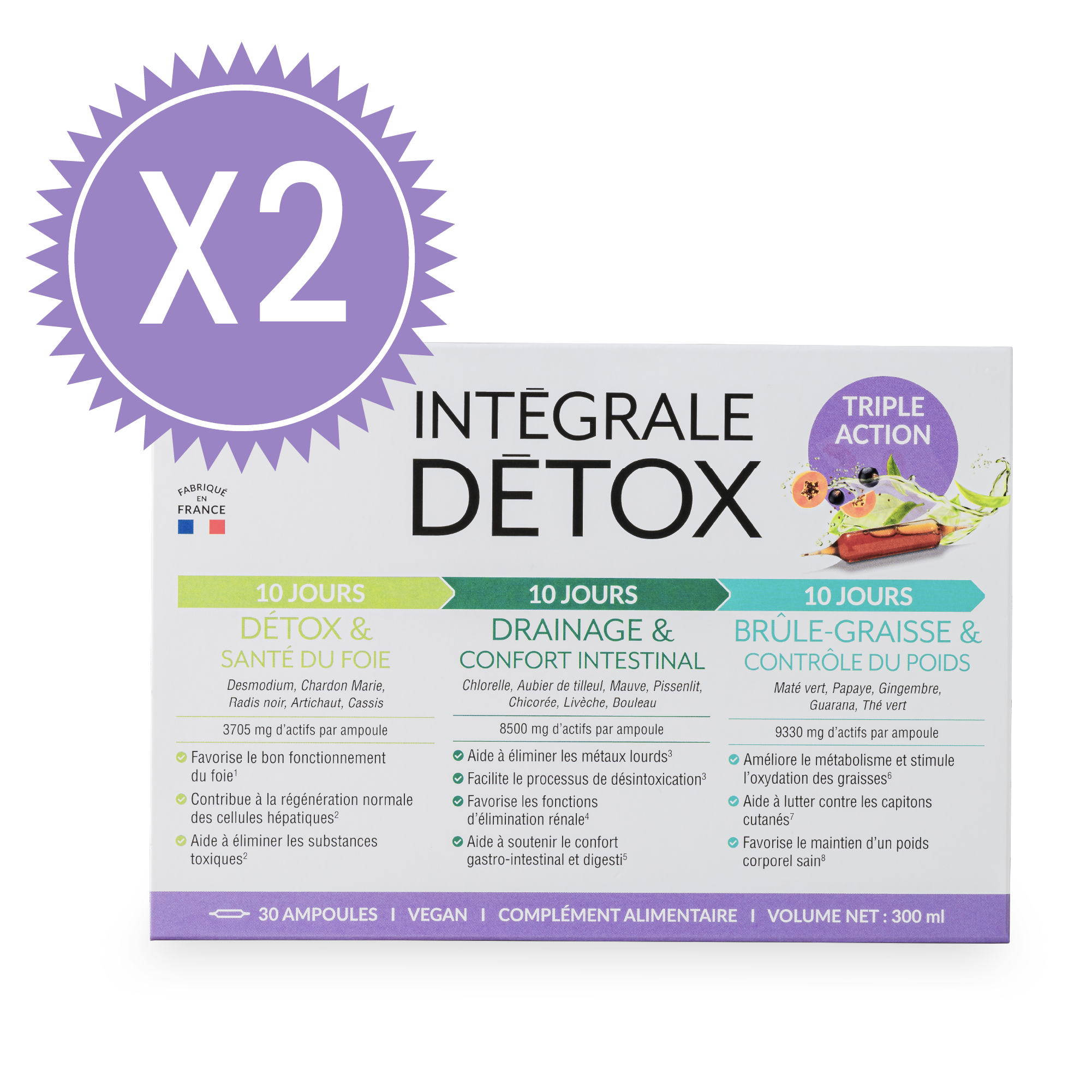 Box of Intégrale Détox supplements with text and a purple 'X2' badge.