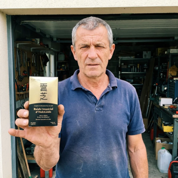 Man holding a box labeled 'Reishi Impérial d'Hokkaido' in a workshop.