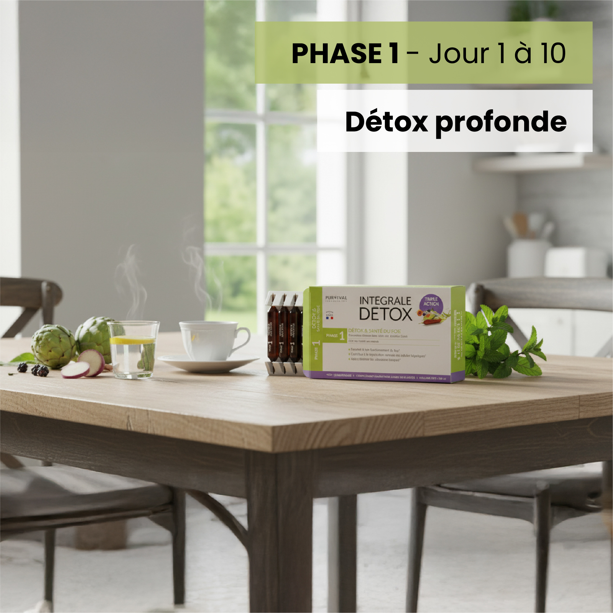 Detox product on a kitchen table with artichokes and beverages.