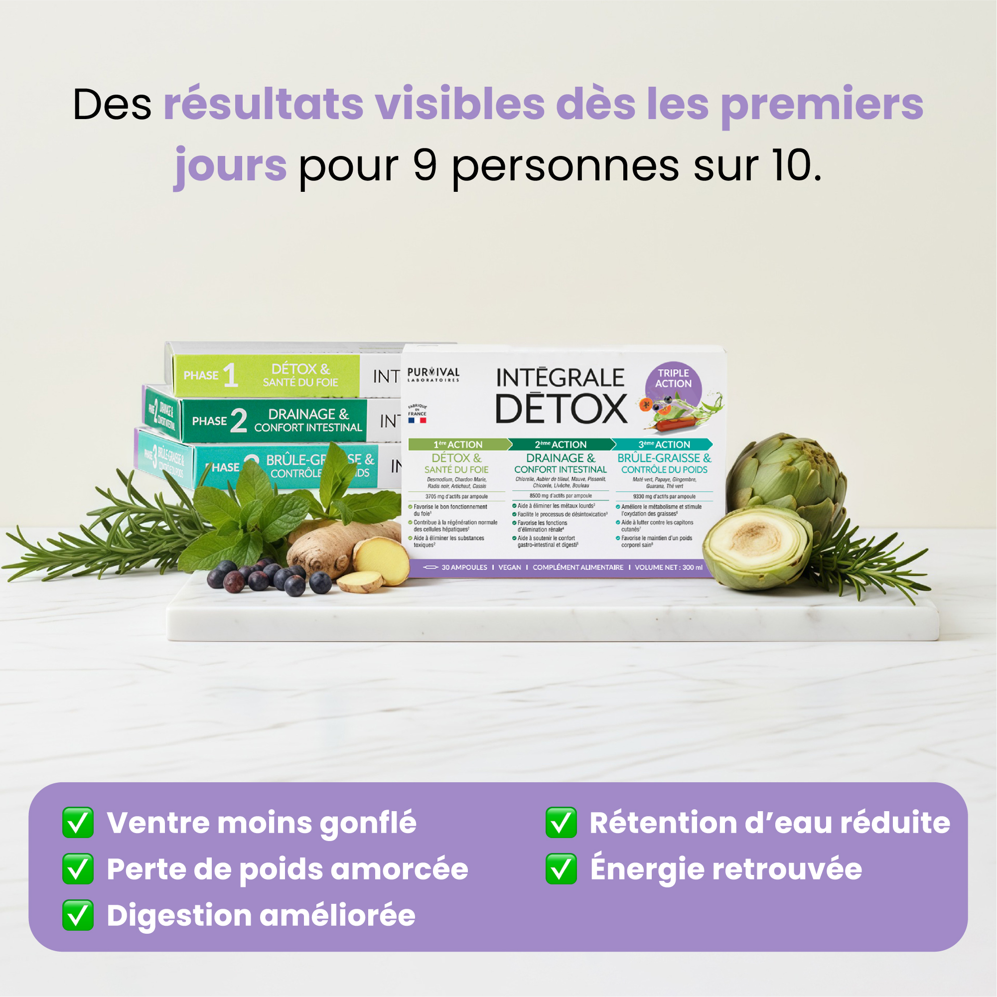 Detox product packaging with herbs, ginger, and artichoke on a white surface.