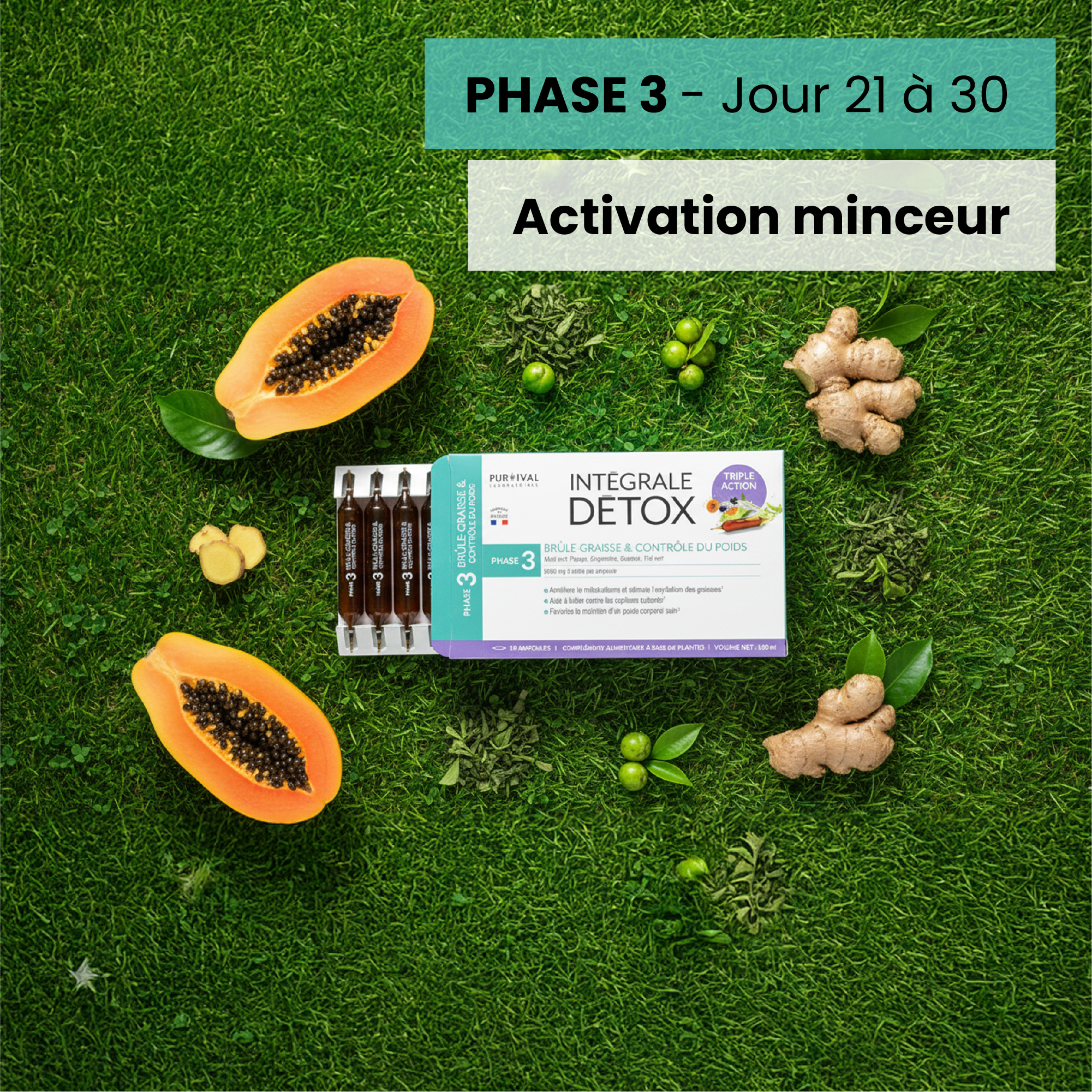Papaya, ginger, and detox product on green grass background with text for Phase 3 and Activation minceur.