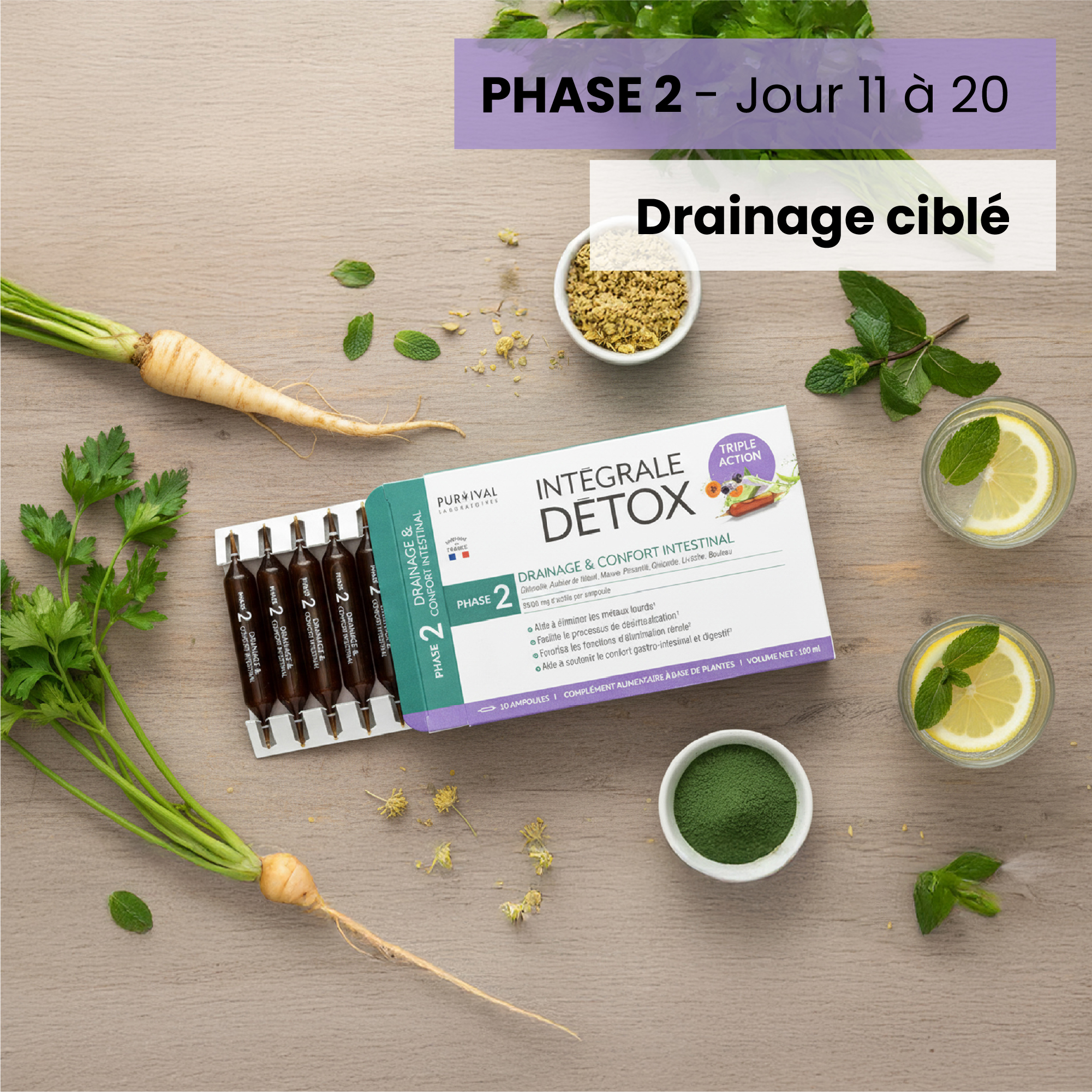 Detox product box with herbs, lemon slices, and supplement capsules on a wooden table.
