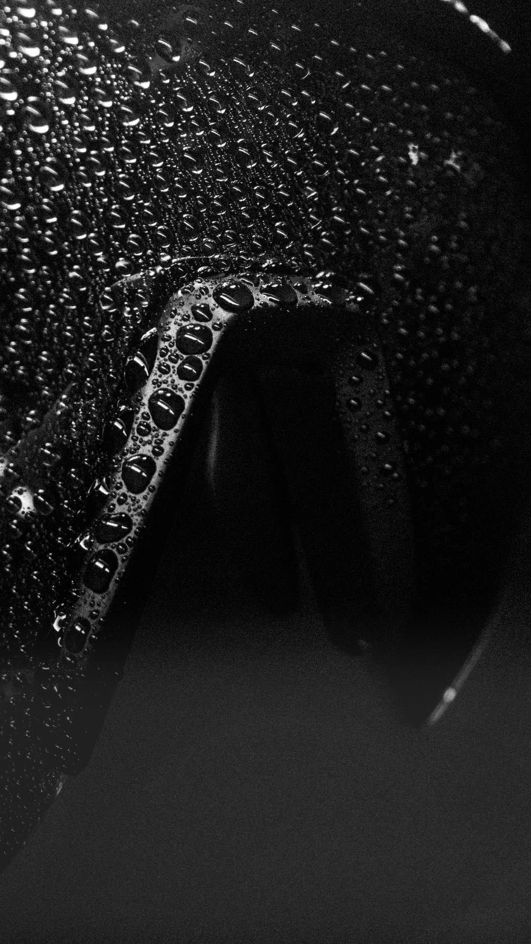 Close-up of droplets on a textured dark surface.