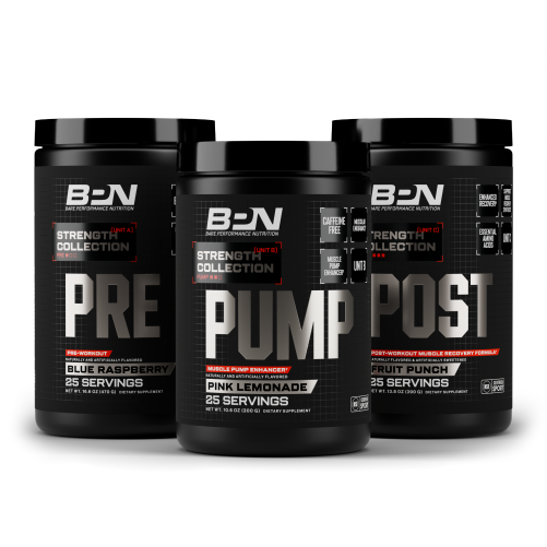 Three black tubs of BPN Strength Collection workout supplements labeled Pre, Pump, and Post on a white background.